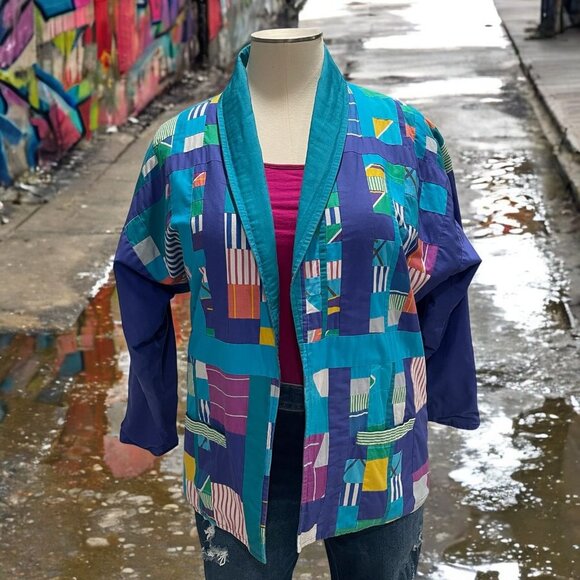 Handmade Patchwork Kimono Jacket Colorful Boho Art Wear Retro Oversized Eclectic - Picture 1 of 10
